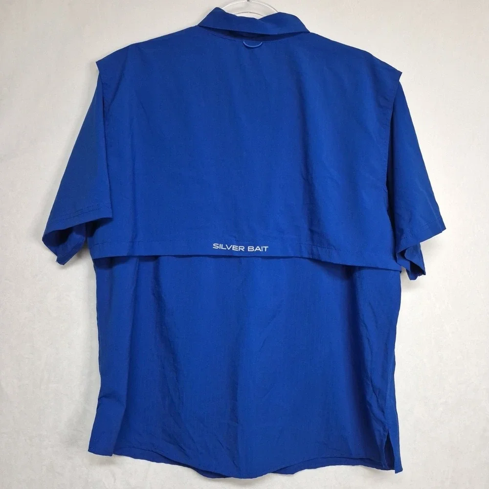 Silver Bait Mens Medium Fishing Shirt Blue Short Sleeve Vented Button Up Pockets